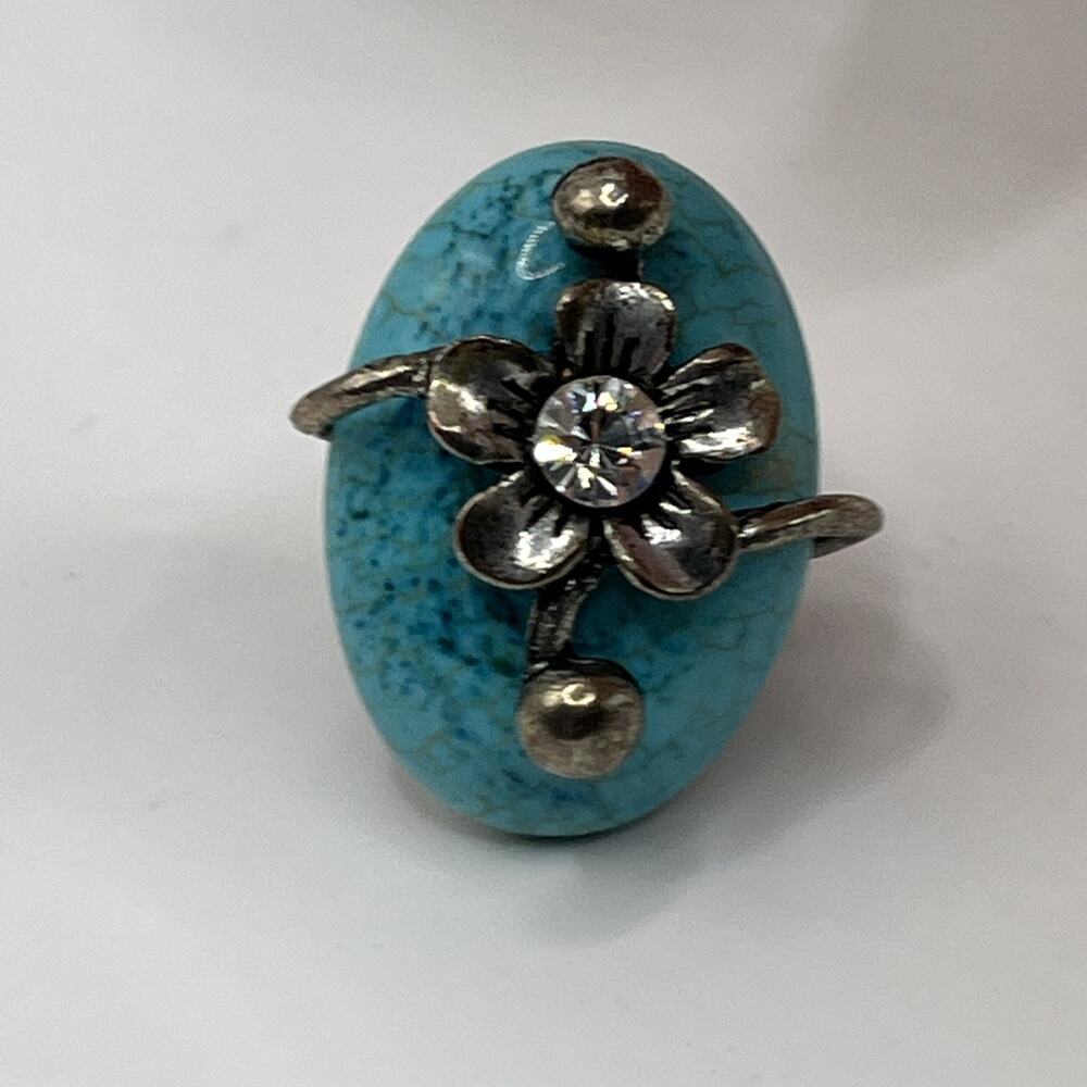Faux Turquoise Stone Cocktail Ring 5.75 Rhinestone Flower Southwestern Chunky